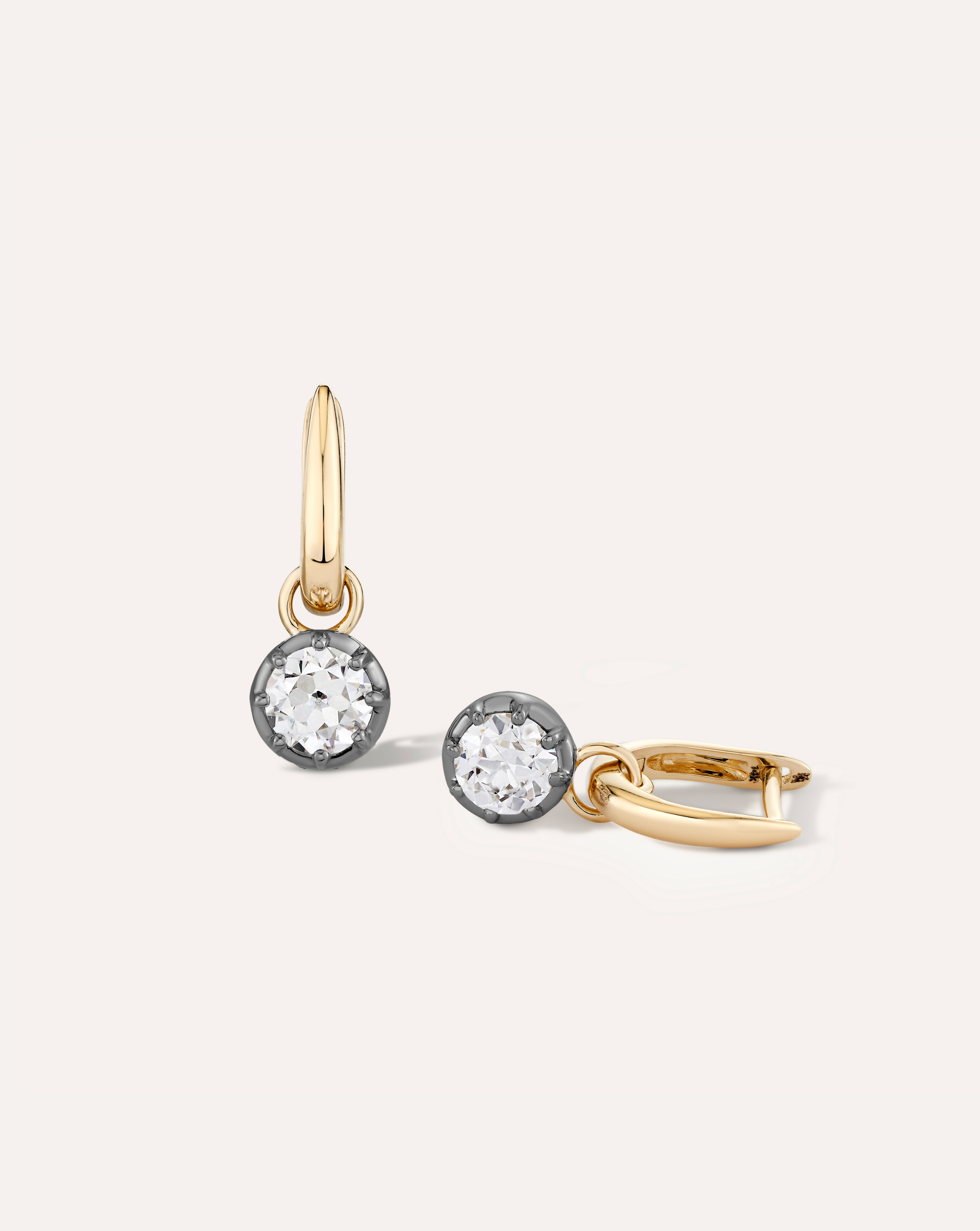 Pair of Georgian-style 14k yellow gold hoops with black rhodium and lab-grown old euro cut diamonds