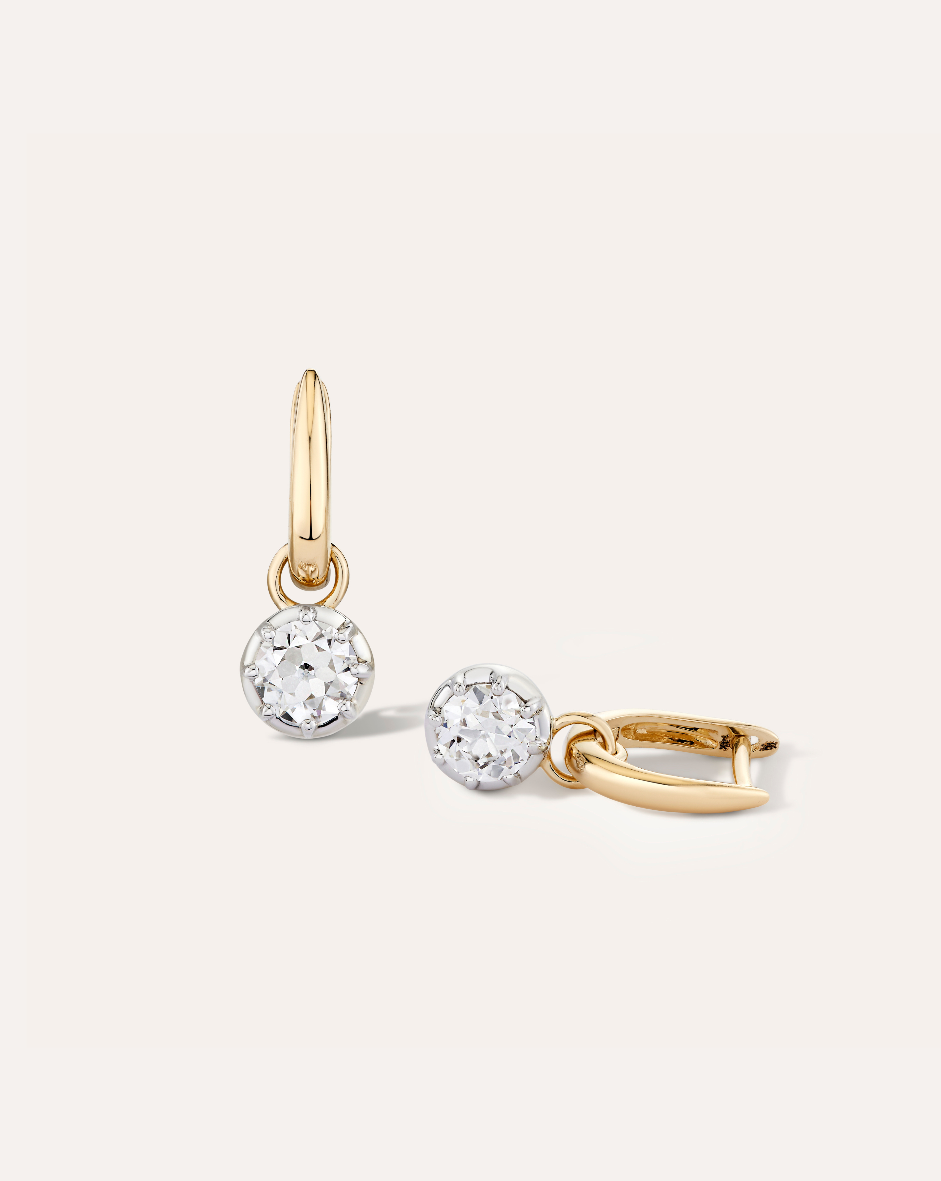 Pair of Georgian-style 14k yellow and white gold hoops with lab-grown old euro cut diamonds